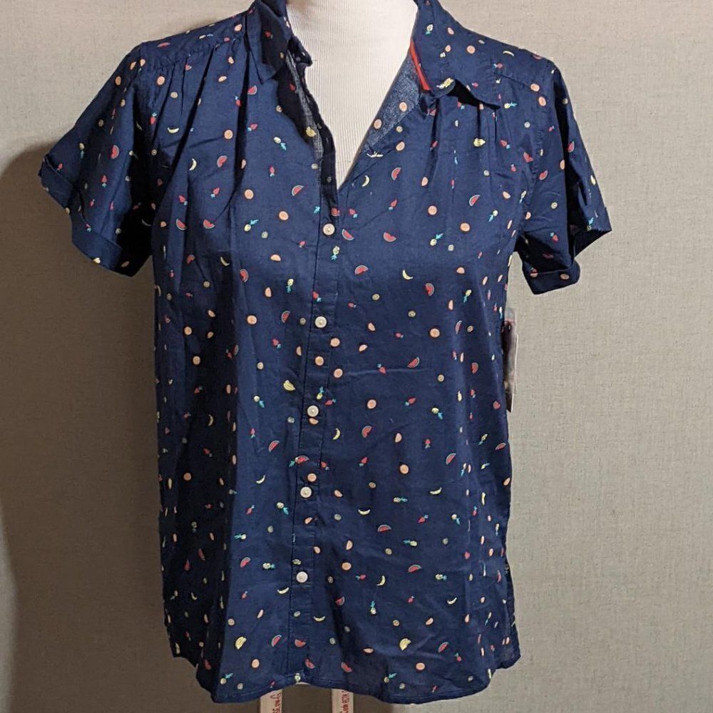 🆕NWT ST JOHN'S BAY NAVY BLUE SHORT SLEEVE BUTTON UP BLOUSE - SMALL